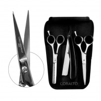 Kit Tijera Corte Microdentada Cobalto + Tijera Pulir Cobalto + Navajin + Cartuchera